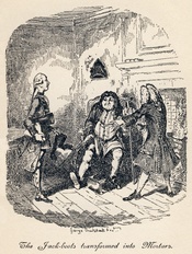From George Cruikshank's illustrations to Laurence Sterne's Tristram Shandy. Plate VIII: The Smoking Batteries. Uncle Toby is in the sentry box, the corporal on the right. Basically, the corporal has invented a way to make multiple cannons be fired at onc