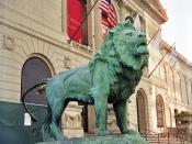 English: Left half of stereo photo pair of Edward Kemeys's lion statue outside the Art Institute of Chicago, in Illinois.