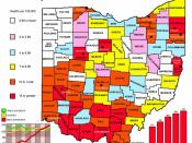 English: A graphic map showing the rates of accidental prescription drug overdose deaths for the state of Ohio by counties for the years 2004 to 2008. Information obtained from here and here.