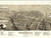 English: 1883 bird's eye illustration of Watertown, South Dakota, USA. The Big Sioux River is on the right and Pelican Lake can be seen in the top right corner.