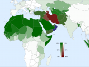 The largest Shia majority countries are Iran, Iraq, Azerbaijan, and Bahrain; all are coloured in dark red.