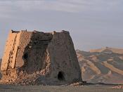 The ruins of an ancient Chinese watchtower from the Han Dynasty (202 BC - 220 AD), located along what was the old line of rammed-earth fortifications in Dunhuang, Gansu province, China, that once stretched from the Hexi Corridor (in Gansu) to the Tarim Ba