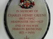 English: Memorial on the wall of Berkhamsted School Chapel to Charles Henry Greene, headmaster of Berkhamsted School, and his wife Marion Raymond, who were the parents of writer Graham Greene and BBC Director-General Hugh Greene.