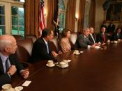 English: President George W. Bush speaks during a meeting with Bicameral and Bipartisan members of Congress Thursday, Sept. 25, 2008, in the Cabinet Room of the White House. Included in the meeting with the President are, from left: Sen. John McCain, R-Ar