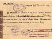 English: 1926 Promissory Note from the Imperial Bank of India, Rangoon, Burma to pay the sum of twenty thousand Indian Rupees from 16 December 1926. Four one anna Indian postage stamps on the left for the tax payable on the document.
