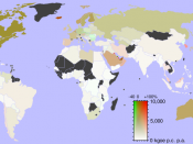 Energy consumption per capita (2001). Red hues indicate increase, green hues decrease of consumption during the 1990s.