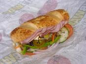 English: 12-inch ham Submarine sandwich with double meat by Subway ‪中文(繁體)â¬: Subway 6英寸長火腿潛艇三明治/潛艇三文治