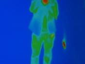 Deutsch: Mann mit vorgehaltener Kamera. Thermografie, Abbild vom Bildschirm einer Thermokamera in der Inatura.