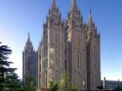 Salt Lake Temple in Salt Lake City, Utah, USA. Taken by myself with a Canon 10D and 17-40mm f/4 L lens. This is a 3 segment panorama.