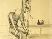 Lesson of nude drawing; model and skeleton for demonstration