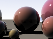 English: A low-res version of Image:Recursive raytrace of a sphere.png, with global illumination, depth-of-field, and area light sources turned off. Notice that all the objects' shadows are sharp; there is no penumbra (this is because the sun as modeled a