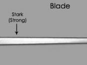 Wasters generally contain many of the same parts as swords, though lack many of the minor aesthetic details. Here, the major parts of a typical longsword are labeled on a superimposed image of a modern-day waster. The blunted pommel, cross, edges, and tip