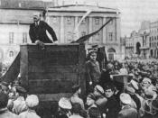 Lenin speaking at a meeting in Sverdlov Square in Moscow on 5 May 1920. Original photo with Trotsky and Kamenev standing on the steps of the platform. File:Lenin Speeching in Moskow, 1920-05-01 Where is Trotski?.jpg is an altered version of this photograp