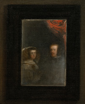 Detail of the mirror hung on the back wall, showing the reflected images of Philip IV and his queen Mariana of Austria