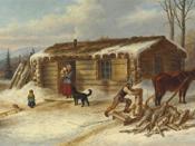 English: Daily Chores, oil painting by Cornelius Krieghoff, 11.75 x 20.75 in.