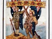 English: A New Zealand soldier stands on the left, with an Australian soldier on the right. They are holding the flags of their countries, with a Union Jack displayed above. A banner across the flags reads 'Australian and New Zealand Army Corps'. King Geo