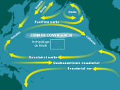 English: Map of the North Pacific Subtropical Convergence Zone (STCZ) within the North Pacific Gyre. Also the location of the Great Pacific Garbage Patch. (labels in Spanish) Español: Mapa de la zona de convergencia subtropical del Pacífico norte en el gi