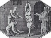 Two priests demand a heretic to repent as he is tortured.