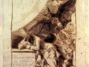 Sueño 1º. (dibujo preparatorio, 1797). Dibujo preparatorio para «El sueño de la razón produce monstruos». Tinta de bugallas a pluma, 23 X 155 mm. Inscripciones: Arriba: «Sueno 1º». En la mesa: «Ydioma universal. Dibujado y Grabado por Fco. de Goya, año 17