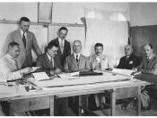 English: Signing the contract for the Jerusalem Y.M.C.A. building with the general contractor. L-R, MR'S. CLARK, ADAMSON, CANAAN, GLUNKLER, VESTER, AWAD, ALBINA & KATINKKA