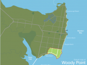 English: Suburb map of Woody Point in the south-east of the Redcliffe peninsula in Queensland, Australia.
