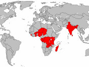 English: Map shows the coverage of Bharti Airtel (an Indian telecom operator) across various countries of the world.