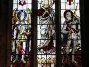 English: Great War memorial window Christ flanked by St.Michael & St.George, with the dedication ... To the greater glory of God the giver of victory and peace, in honoured memory of those who gave their lives in the Great War 1914-18, and in gratitude fo
