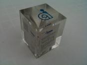 English: Memento cube from the 1983 Automatix initial public offering. Clear plastic cube measures 60 mm high and contains a miniature copy of the IPO prospectus which offered 1,292,300 shares at $19 per share and was dated March 1, 1983.