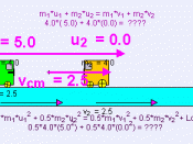 Example (m1 = 4kg, u1 = 5m/s, m2 = 4kg, u2=0m/s) of collision carts in perfectly inelastic collision showing the equations of momentum conserved and kinetic energy associated with some energy loss.