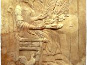 Pinax of Persephone and Hades on the throne. Found in the holy shrine of Persephone at Locri in the district Mannella. Locri was part of Magna Graecia and is situated on the coast of the Ionian Sea in Calabria in Italy.