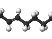 Ball-and-stick model of the palmitelaidic acid molecule, the trans isomer of palmitoleic acid and a trans fat found in hydrogenated vegetable oils.