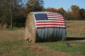 English: A round bale of hay with a flag of the United State of America on display for the 2008 presidential election on New Hope Church Road (Highway 1723) near . Note the solar panel and spot light set up to illuminate the display at night.