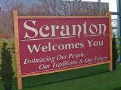 Scranton, PA, USA, welcome sign formerly displayed along I-81 and filmed there for opening credits of US version of The Office. Now on display in Mall at Steamtown food court, where this photograph was taken. Neither text nor font designs are eligible for