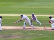 Gilchrist standing up to Shane Warne in 2005. Andrew Strauss is the batsman.