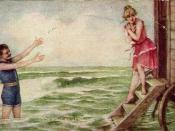 Man and woman in swimsuits, ca. 1910; she is exiting a bathing machine