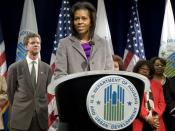 First Lady Michelle Obama addresses the staff of the Department of Housing and Urban Development.