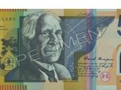 An Australian $50 note featuring David Unaipon's image. The background features the Raukkan mission and Unaipon's mechanical shearer.