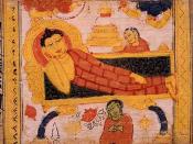 English: Painting of the parinirvana of Gautama Buddha. Sanskrit Astasahasrika Prajnaparamita Sutra manuscript written in the Ranjana script. Nalanda, Bihar, India. Circa 700-1100 CE.