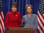 Tina Fey as Sarah Palin (left) and Amy Poehler as Hillary Rodham Clinton (right)