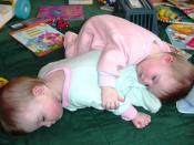 Photograph of eight month old fraternal twin en sisters napping together.