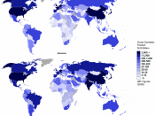 English: One colour scheme version of previous map. Comparison of IMF figures of GDP for 2005; top map is of nominal; bottom map is of Purchasing power parity. Numbers in billions of US dollars.