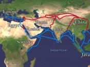 Extent of Silk Route/Silk Road. Red is land route and the blue is the sea/water route.
