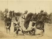 English: Zande men with shields, harp