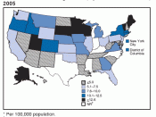 English: Incidence of Giardia lamblia infection reported to the US Centers for Disease Control, broken down by state.