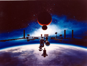 Artistic Conception of Space Station Freedom with the STS Orbiter Vehicle Alan Chinchar's 1991 rendition of for NASA