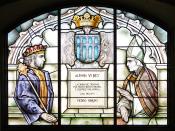 English: Stained glass in Queen's Dressing Room of Alcázar of Segovia. It depicts King Alfonso VI of León and Castile and bishop Peter. Located in Segovia, Spain. Français : Vitrail situé dans le Boudoir de la Reine de l'Alcazar de Ségovie. Il représente 