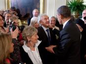 English: Photo of President Obama welcoming Nobel Peace Prize Laureate Elie Wiesel at the 2011 White House reception in honor of Jewish American Heritage Month.