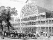 The front entrance of the Crystal Palace, Hyde Park, London that housed the Great Exhibition of 1851, the first World's Fair. Contemporary engraving.