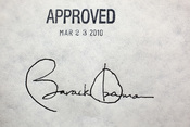 English: President Barack Obama's signature on the health insurance reform bill at the White House, March 23, 2010. The President signed the bill with 22 different pens.