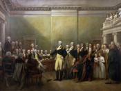 Depiction by John Trumbull of Washington resigning his commission and position as commander-in-chief